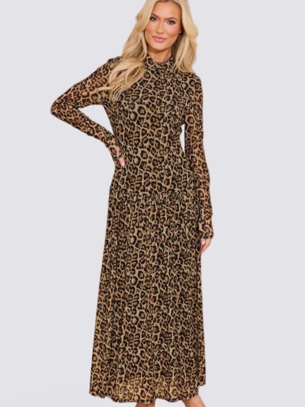 Long Sleeve Leopard Print Maxi Dress in Tan/Black